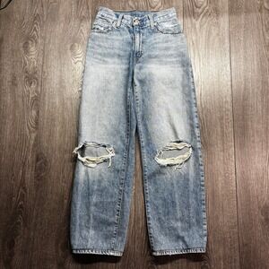 Levis High Waisted Baggy Distressed Wide Leg Jeans Light Wash Blue 25 Distressed
